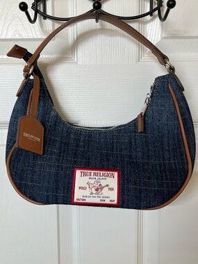 True Religion Dark Denim Crescent Shoulder Bag with Brown Trim BOHO NWOT